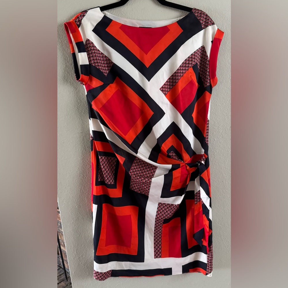 Ann Taylor Dress size XS Orange Red Navy Squares Geometric Side Tie Retro Sheath